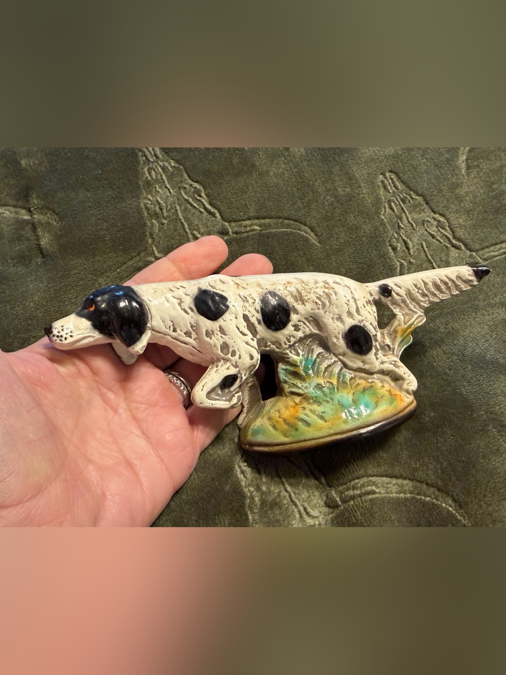 vintage cast metal and enamel hunting dog bottle opener,